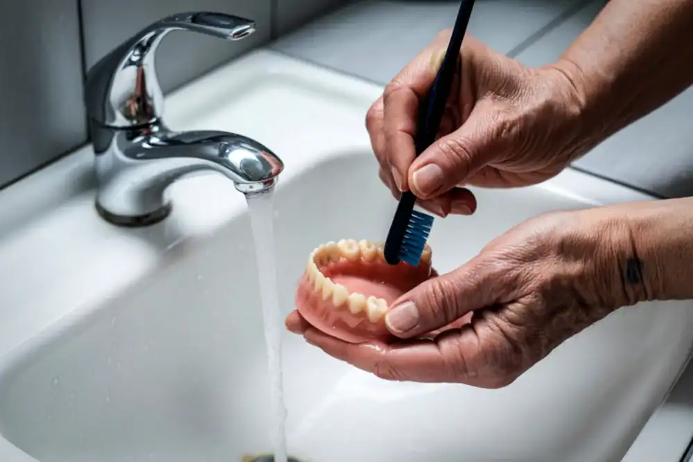A person holds a set of dentures over a sink with running water and uses a toothbrush to clean them, following the careful instructions often recommended by a dentist.