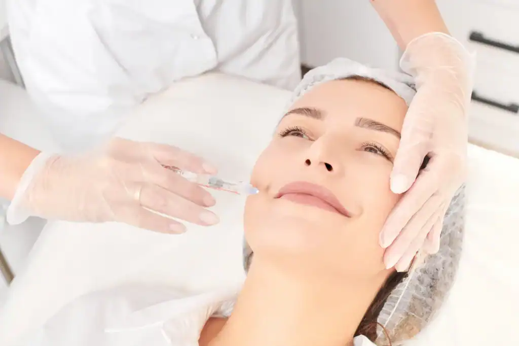 A woman lies on a clinic bed, smiling slightly as a dentist wearing gloves administers a cosmetic injection to her cheek. She is also wearing a hair cover for the procedure.